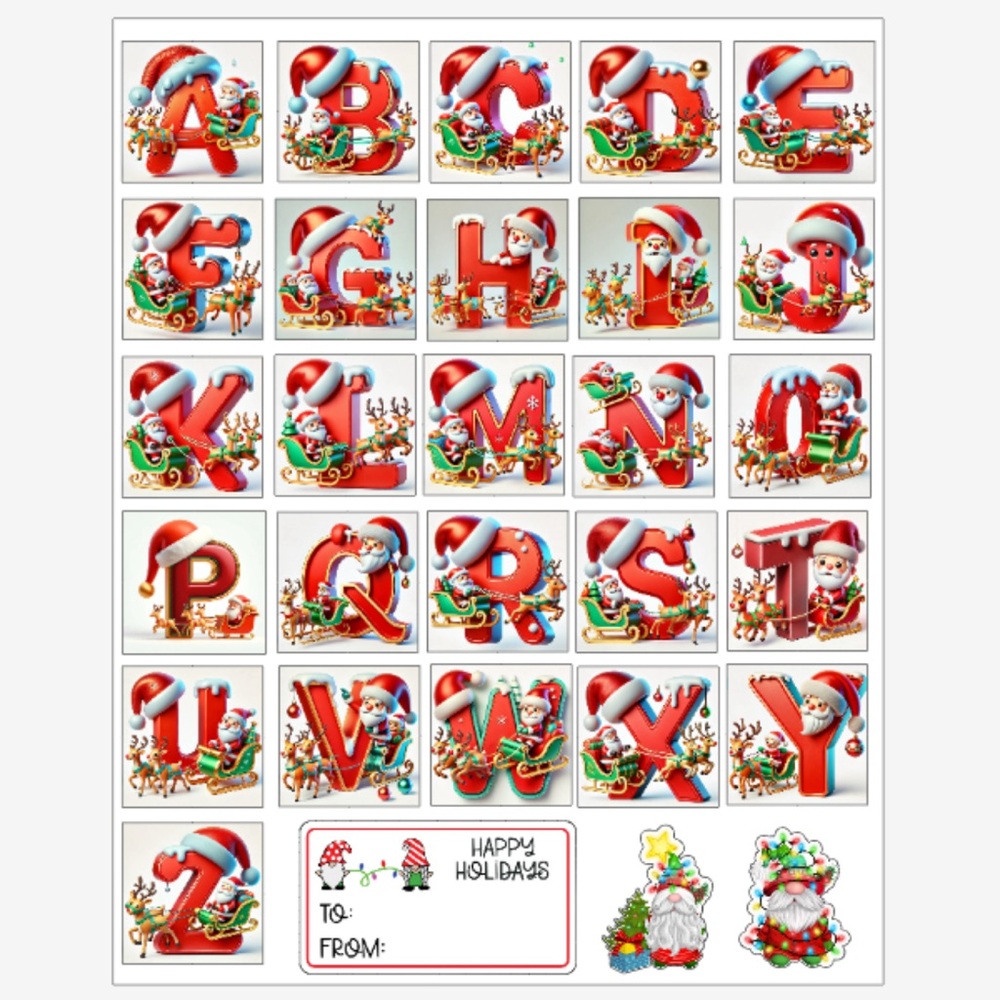 Happy Holiday Christmas ABC Alphabet Sticker Sheet
6.75” x 8” Sheet